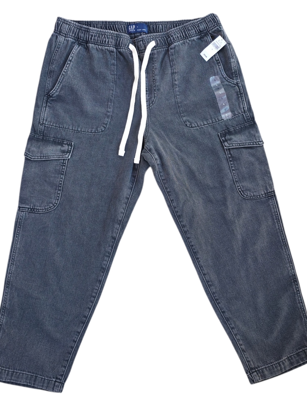 NWT GAP Denim Easy Jean Cargo Joggers Large Black Wash Drawstring Utility Pants